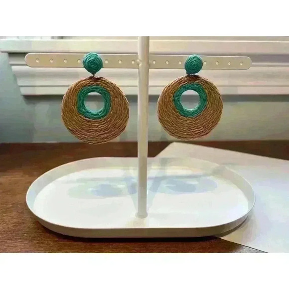 Handmade Rattan Disc Statement Earrings Teal And Tan - Picture 4 of 5